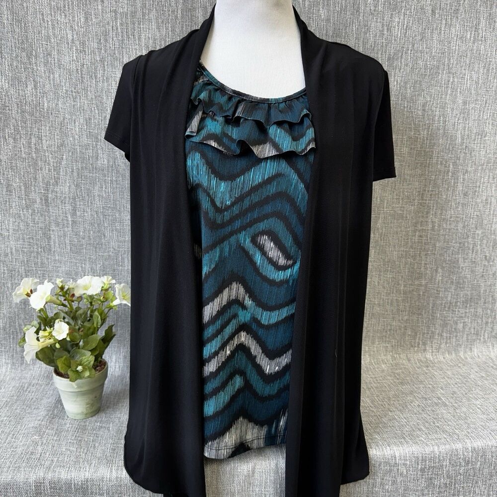 Perception Concept 2-in-1 Cardigan Tank Top Blouse M Blue black Chevron Ruffle